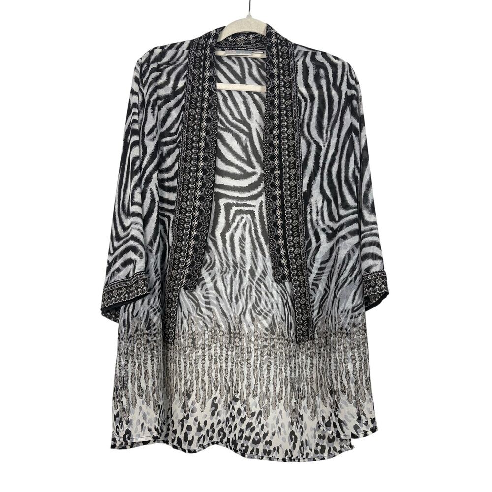 Belle Beach by Kim Gravel Zebra Print Chiffon Kimono Cardigan Cover Up Boho XXS